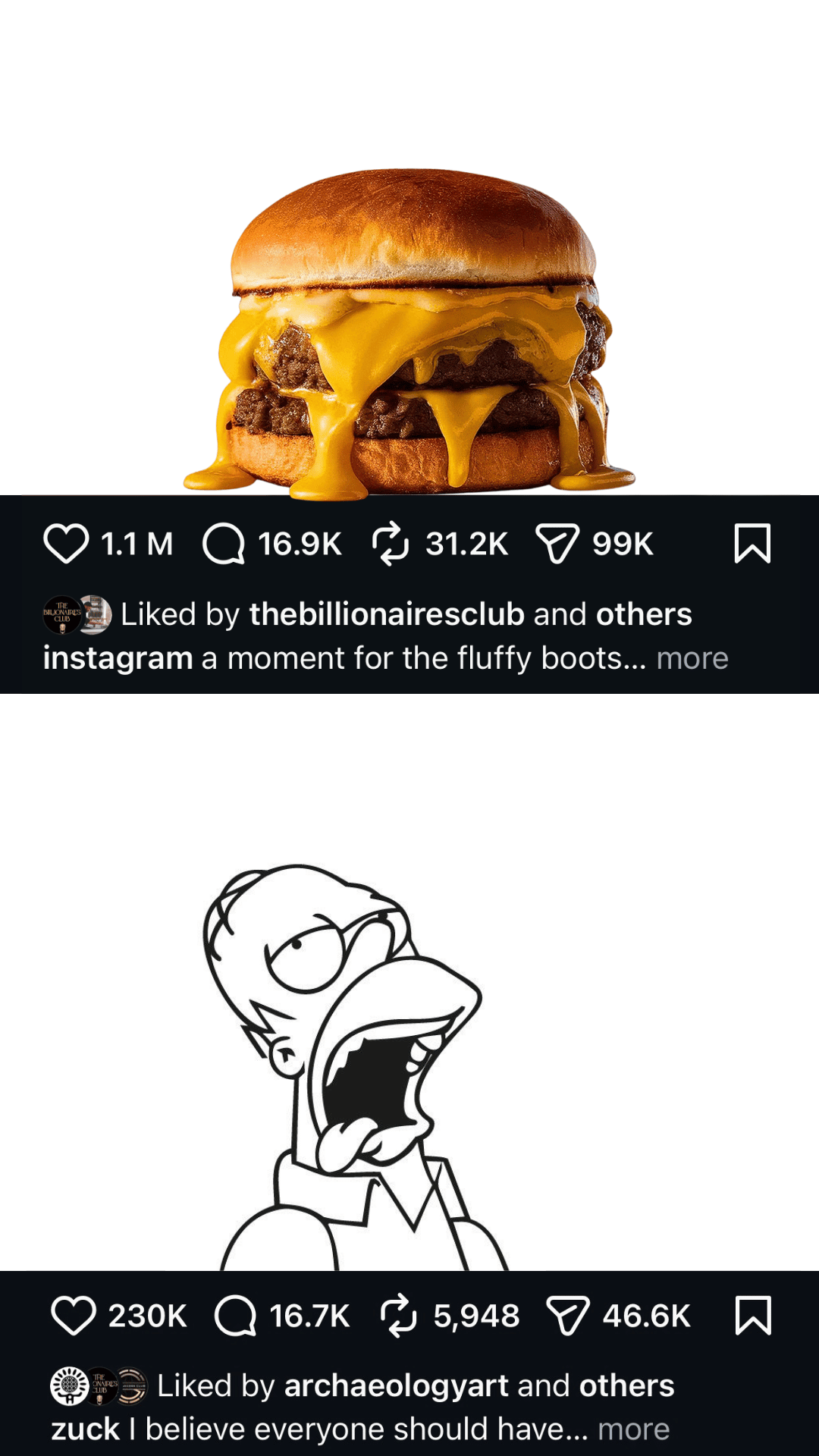 AI-generated social media mockup where melted cheese from a realistic 3D burger drips down into a separate post below, landing in a line drawing of Homer Simpson's mouth.